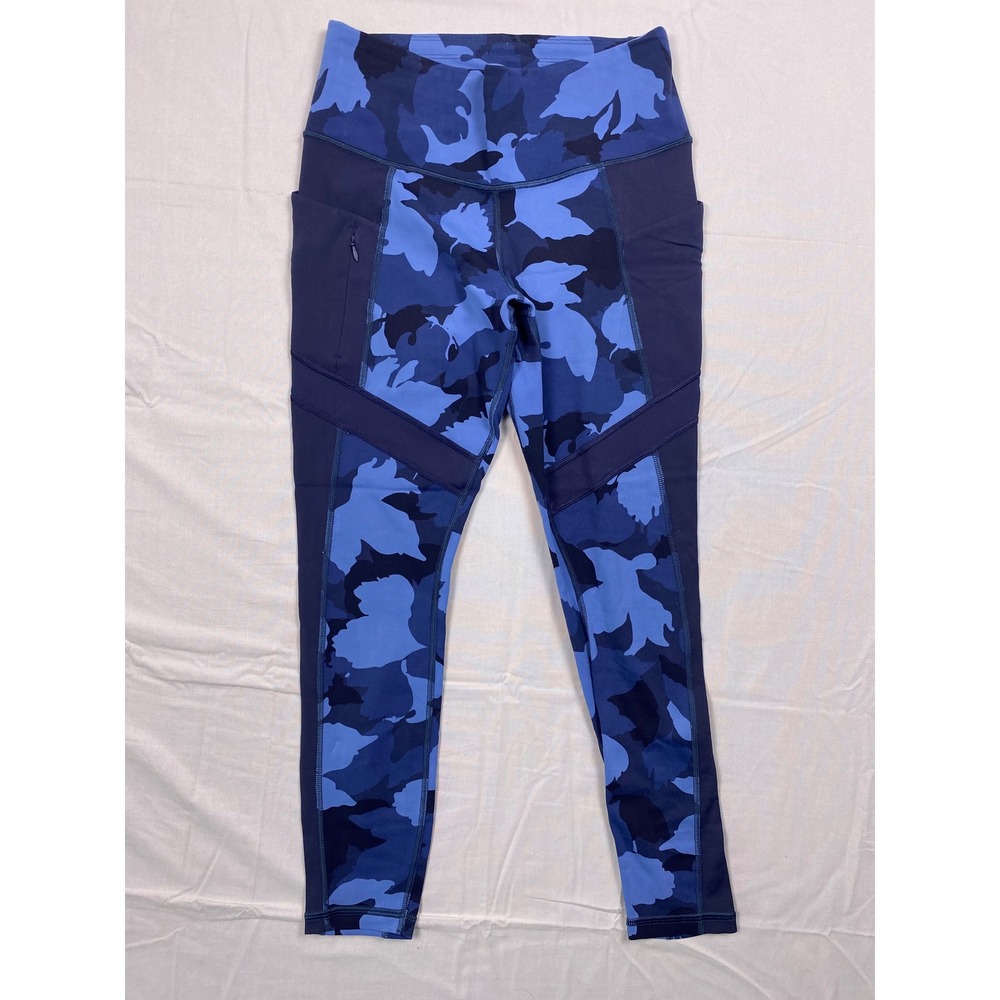 Athleta Contender Camo 7/8 Tight Womens Small Blue Nylon Spandex Pocket Yoga Gym